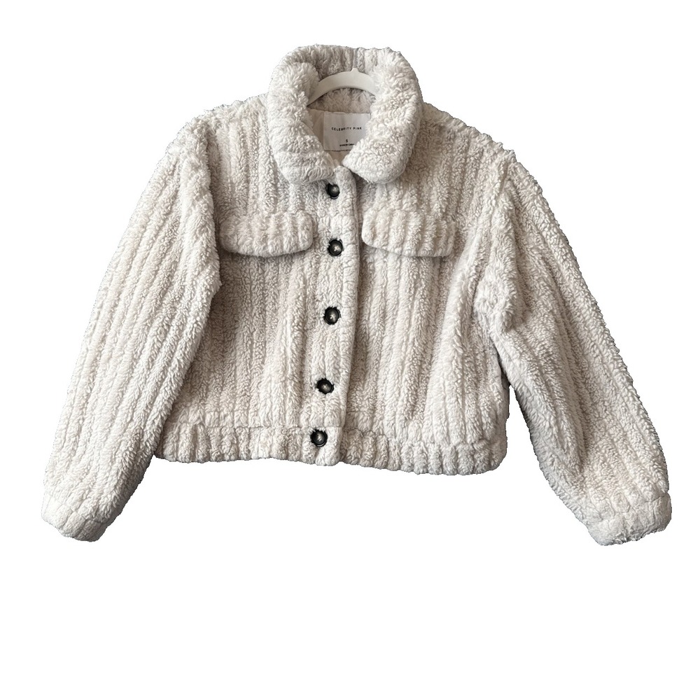 Celebrity Pink Ribbed Faux Fur Jacket S Antique White Sherpa Teddy Coat Cropped